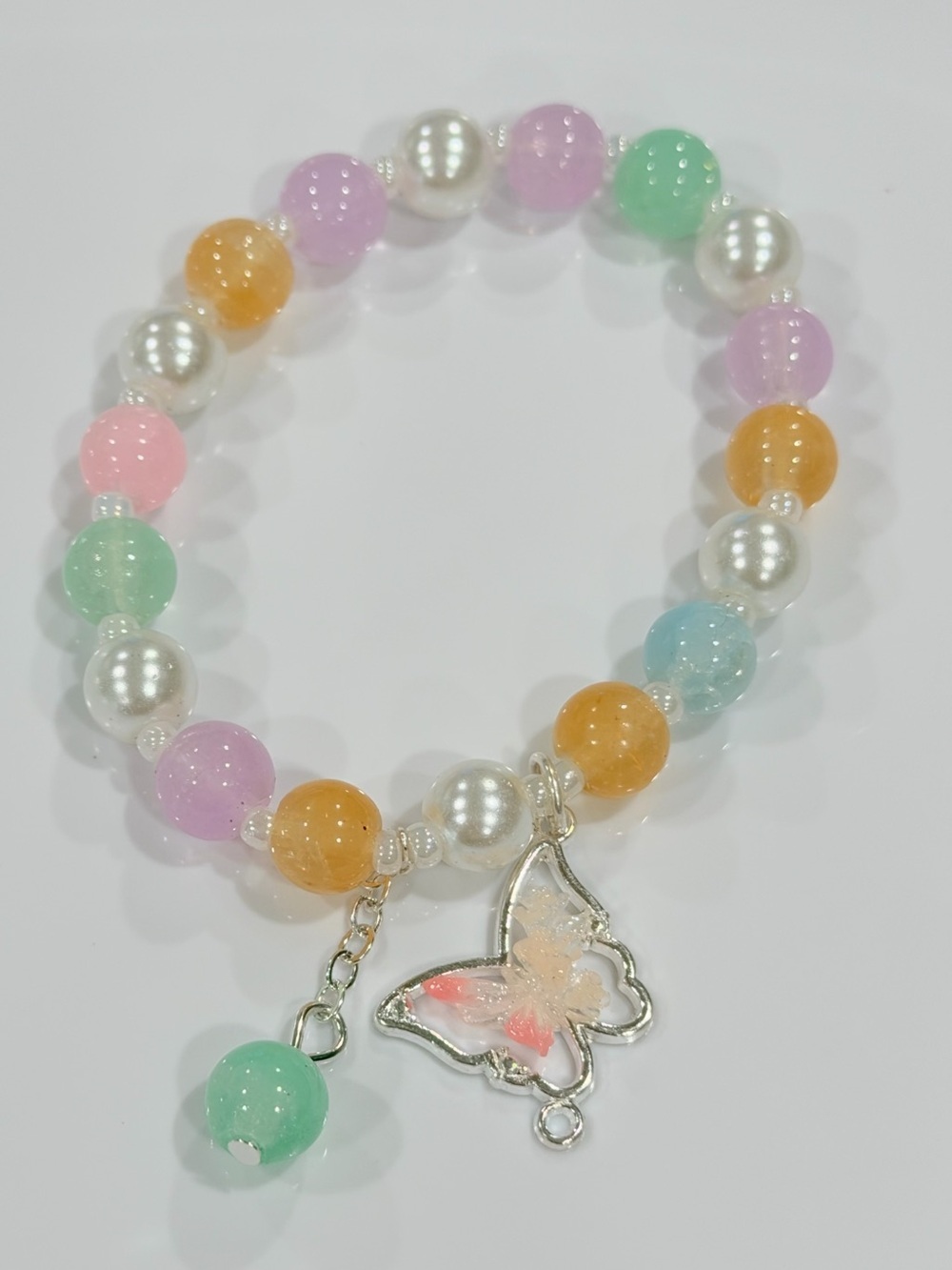Women’s Pastel Multicolor Beaded Bracelet with Butterfly Charm